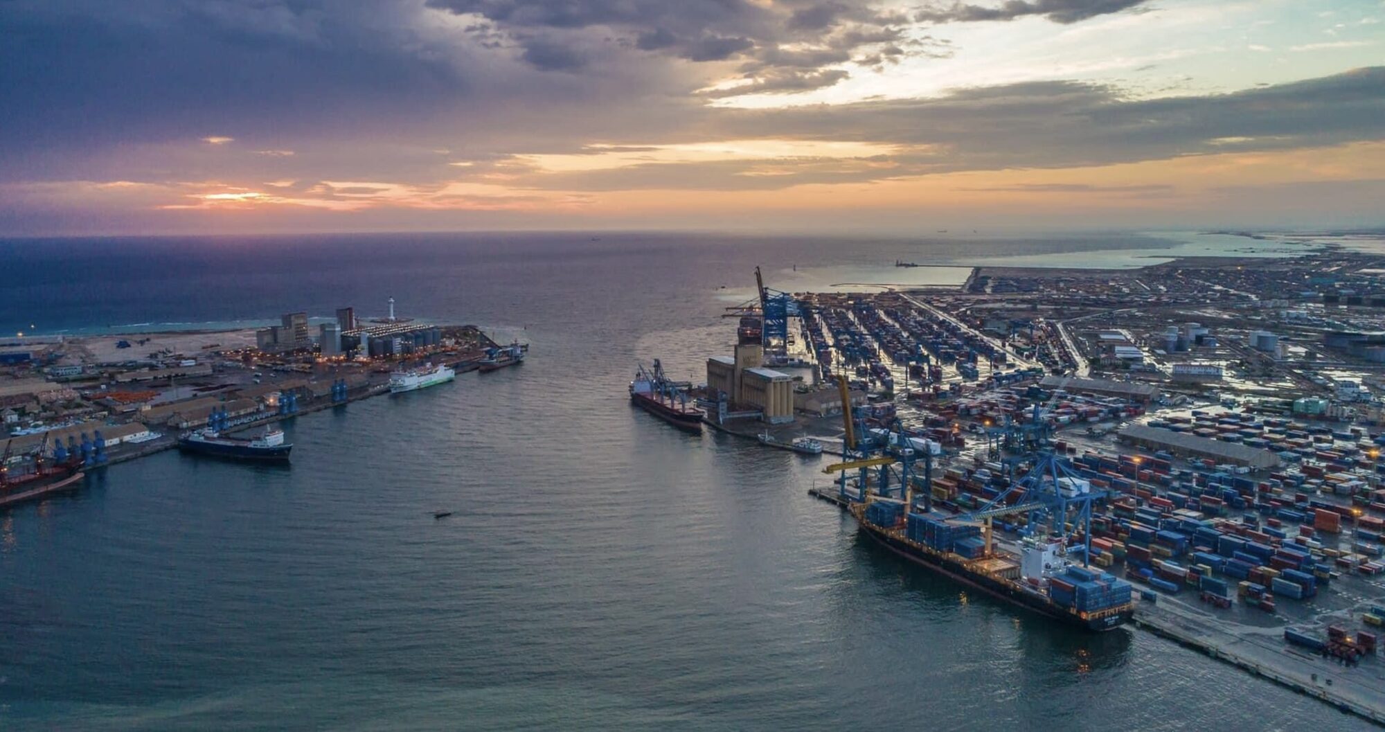 Container port operations at dusk